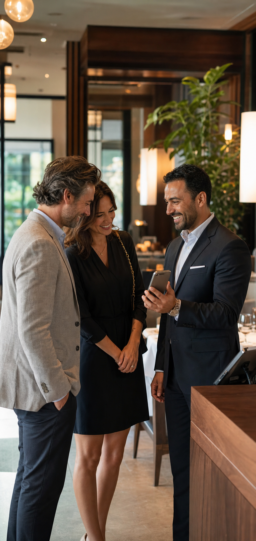 Restaurant owner showing a mobile app to happy guests