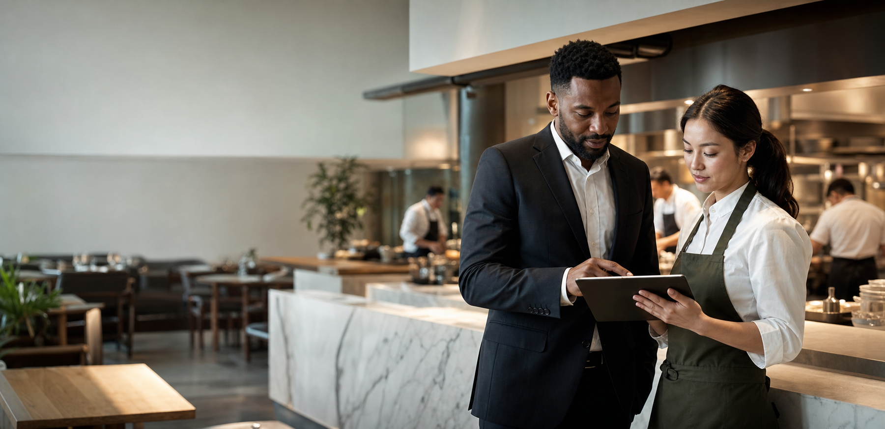 Restaurant team reviewing digital orders on a tablet
